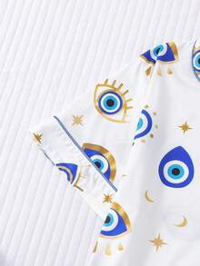 2pcs/Set Women Plus Size Cool Light Blue Eye Print Pajama Set, Soft Short Sleeve Shirt With Collar & Button, And Elastic Waist Shorts, Stylish Sleepwear For Daily, Holiday Party, Casual Home & Outdoor Wear - Blue - View 4