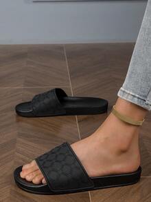 女士时尚拖鞋，纯色字母印花，橡胶鞋底，柔软轻便，室内家居拖鞋，舒适休闲户外凉鞋，适合海滩、派对、散步等场合。 - 黑色 - 查看 3