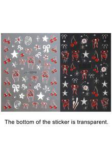 卡通樱桃爱心蝴蝶结浮雕美甲贴纸，水果图案指甲转印贴纸，亮面星星指甲贴花，适合女性沙龙美甲DIY用品 - 彩色 - 查看 13