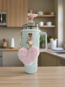 7 pièces Ensemble d'accessoires de tasse multicolore, convenant pour les accessoires de tasse de 40 onces, ensemble de tasse en silicone multiflash, comprenant un couvercle de paille en forme de cœur, une sangle de tasse en osier, un pendentif en boule rose en forme de cœur et un ensemble d'accessoires en forme de patte de chat