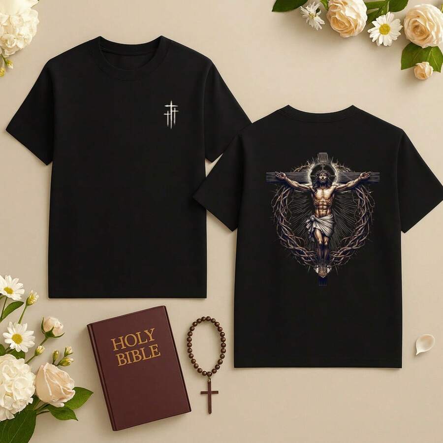 T-Shirt Catholic Shirt Printed On The Back Of Jesus Christified - 黑色 - 查看 1