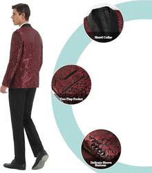 Men's Floral Dinner Party Prom Wedding Stylish Suits For Men One Button Dinner Jacket Pants Sethalloween - 紅色-2件 - 查看 7