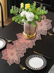 1pc Christmas Flower PVC Gold Foil Table Runner, Suitable For Christmas Dining Table Center Decor, Holiday Party Wedding Celebration Dinner Table Mat, Outdoor Party Floral Table Runner - Multicolor - View 8