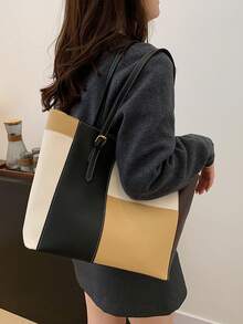 32*12*28cm 时尚大容量多口袋单肩托特包，休闲女士大包适合放笔记本电脑，简约风格适合休闲度假 - 卡其色 - 查看 2