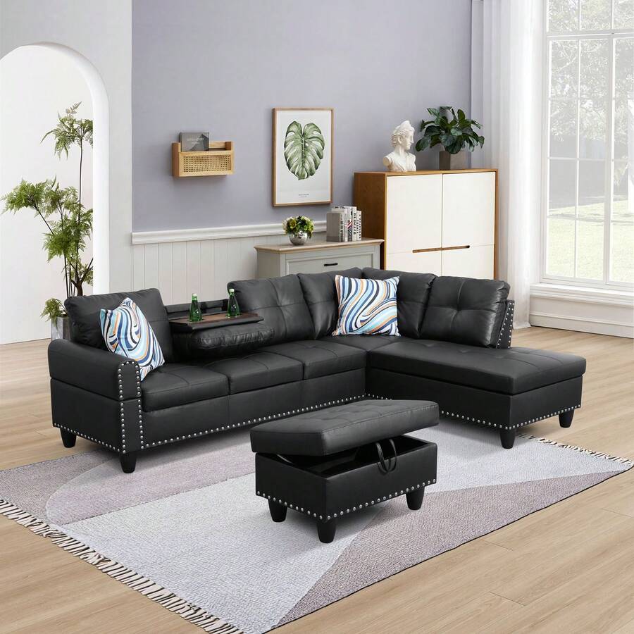 Modern Black Faux Leather Sofa Set[2 Options]2 Purchase Choices: Ottoman Only Or Complete 3-Piece Set With 2 Gift Pillows | Sleek PU Leather Sectional Couch, Contemporary L-Shaped Design With Storage, Elegant Housewarming Gift - 黑色 - 查看 1
