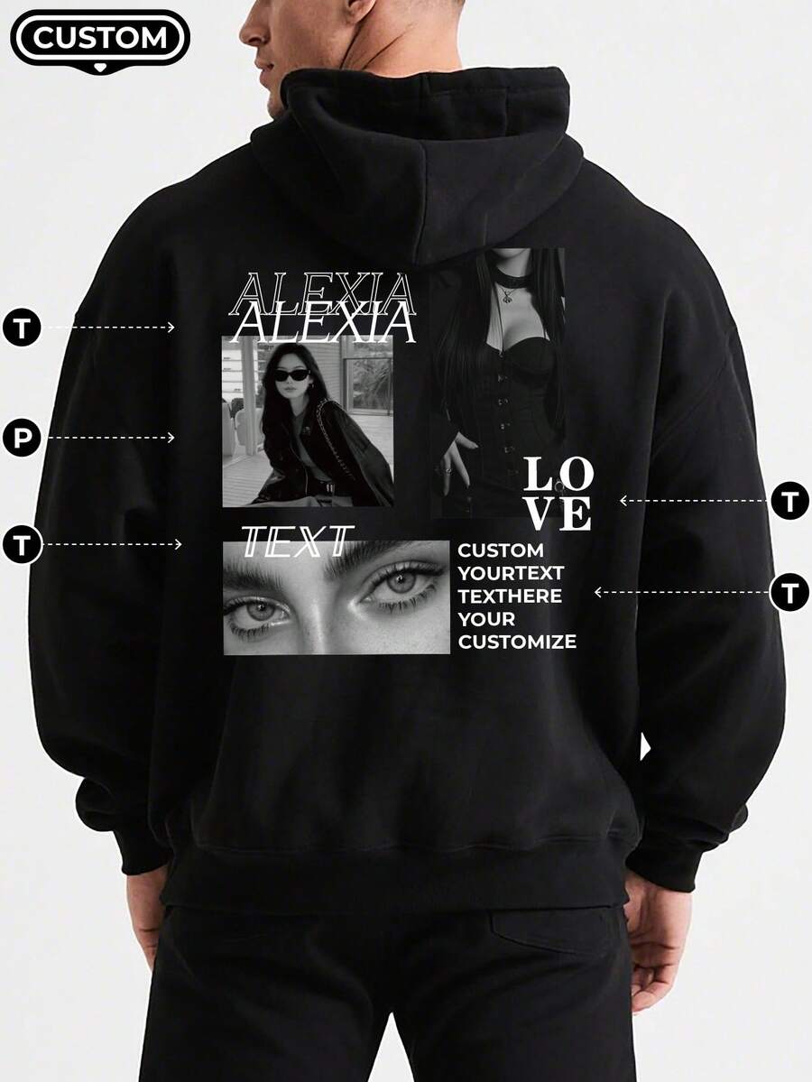 Customized Hoodie, Add Your Text And Photo/Couple/Family/Best Friend/Pet Photo, Christmas/Halloween, Men's Black Hoodie, Birthday/Valentine's Day/Father's Day/Party/Anniversary/Custom Design - Black - View 1