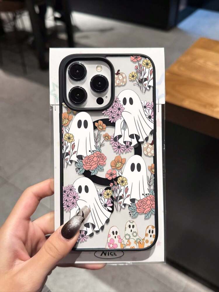 Ghost Flower Halloween Print Pattern Magnetic Ring Phone Case Compatible With IPhone 16 Pro Max, 14/13, 12, 11 Pro Max, XS Max, X, XR, 8, 7, Plus, Mini, Suitable As Birthday Gift, Girlfriend, Boyfriend Or Self-Use - Black - View 5