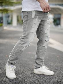 Men's Outdoor Casual Straight Leg Distressed Blue Jeans, Autumn/Winter - Grey - View 3