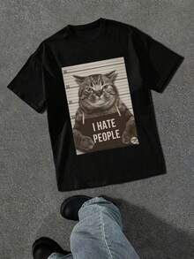 Camiseta Gato I Hate People Humorístico,Camiseta casual estampada de manga corta y cuello redondo, 100 % algodón - Negro - Ver 1