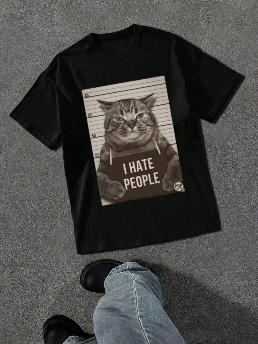 Camiseta Gato I Hate People Humorístico,Camiseta casual estampada de manga corta y cuello redondo, 100 % algodón - Negro - Ver 1