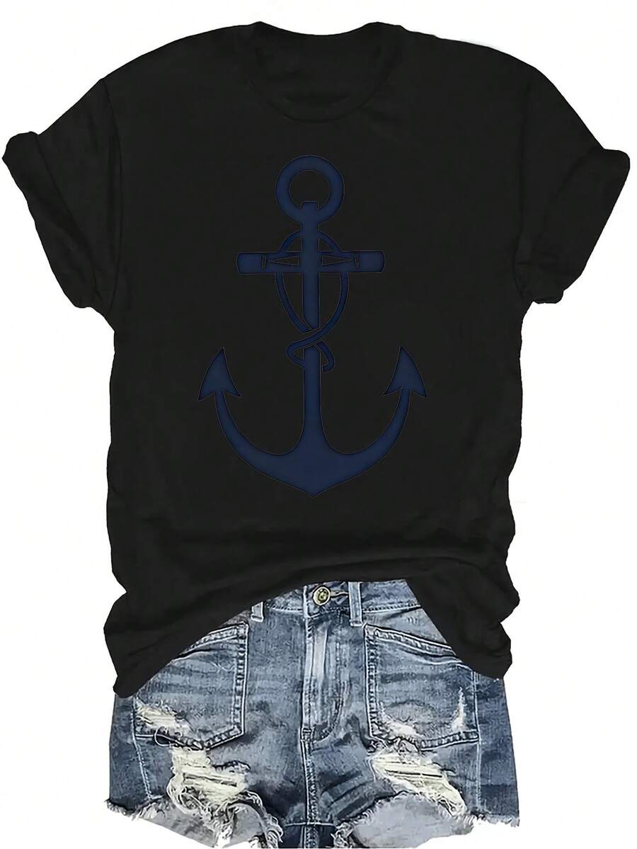 Camiseta con estampado de ancla, unisex, de verano, casual, transpirable, de cuello redondo, de manga corta, ropa de calle, versátil, adecuada para adolescentes y adultos - Negro - Ver 1