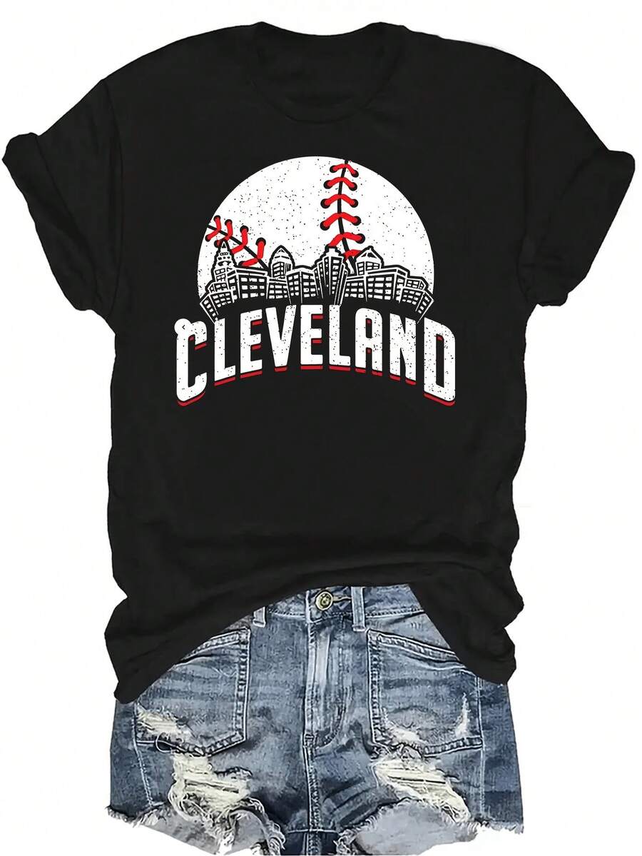 Camiseta con estampado de silueta urbana de Cleveland, de estilo casual y transpirable, de cuello redondo y manga corta, adecuada para adolescentes y adultos - Negro - Ver 1
