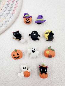 10pcs Halloween Pumpkin & Cat Resin Shoe Charms, Durable & Cute Whimsical Design, Suitable For Wooden Shoes & Sandals, Great For Girls Party Favors, Creative Gifts, DIY Shoe Decorations