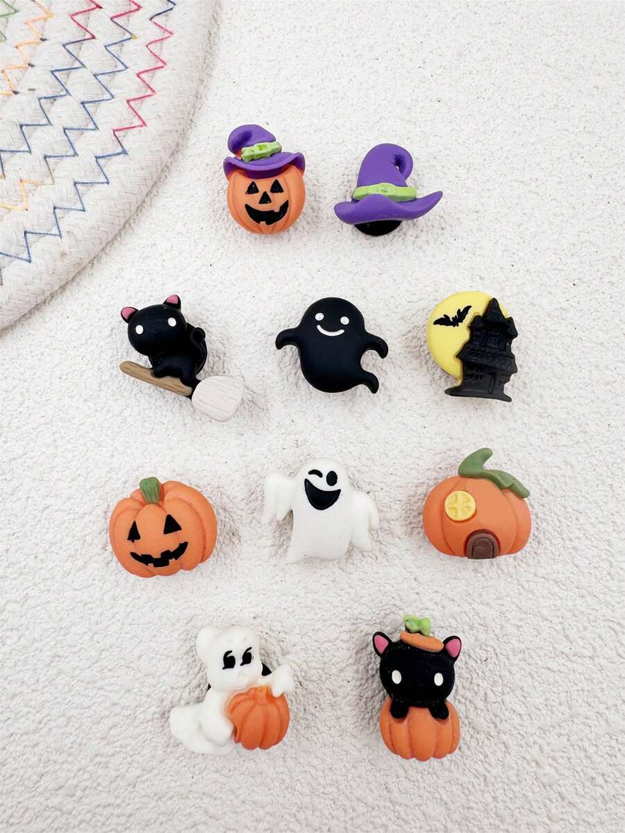 10pcs Halloween Pumpkin & Cat Resin Shoe Charms, Durable & Cute Whimsical Design, Suitable For Wooden Shoes & Sandals, Great For Girls Party Favors, Creative Gifts, DIY Shoe Decorations
