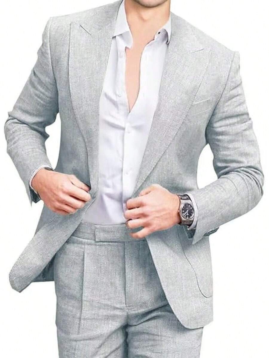 Mens Linen Suits 2 Piece Beach Wedding Blazer Summer Grooms Classic Lightweight Breathable Jacket Pantshalloween - Xám - Xem 1