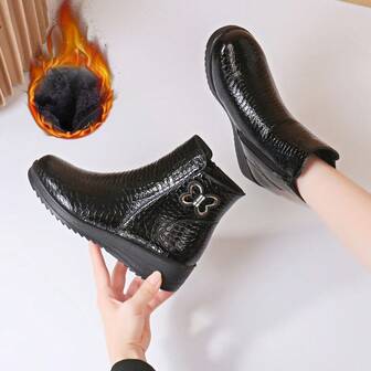 1 Pair Women's Casual Polka Dot Bow Geometric Pattern Zipper Anti-Slip Short Boots, Suitable For Wedding, Office, Party, Winter