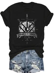 Camiseta de verano para hombre, estilo vikingo, unisex, casual, transpirable, con cuello redondo, manga corta, estampado de personalidad, ropa de calle versátil, adecuada para adolescentes y adultos - Negro - Ver 1