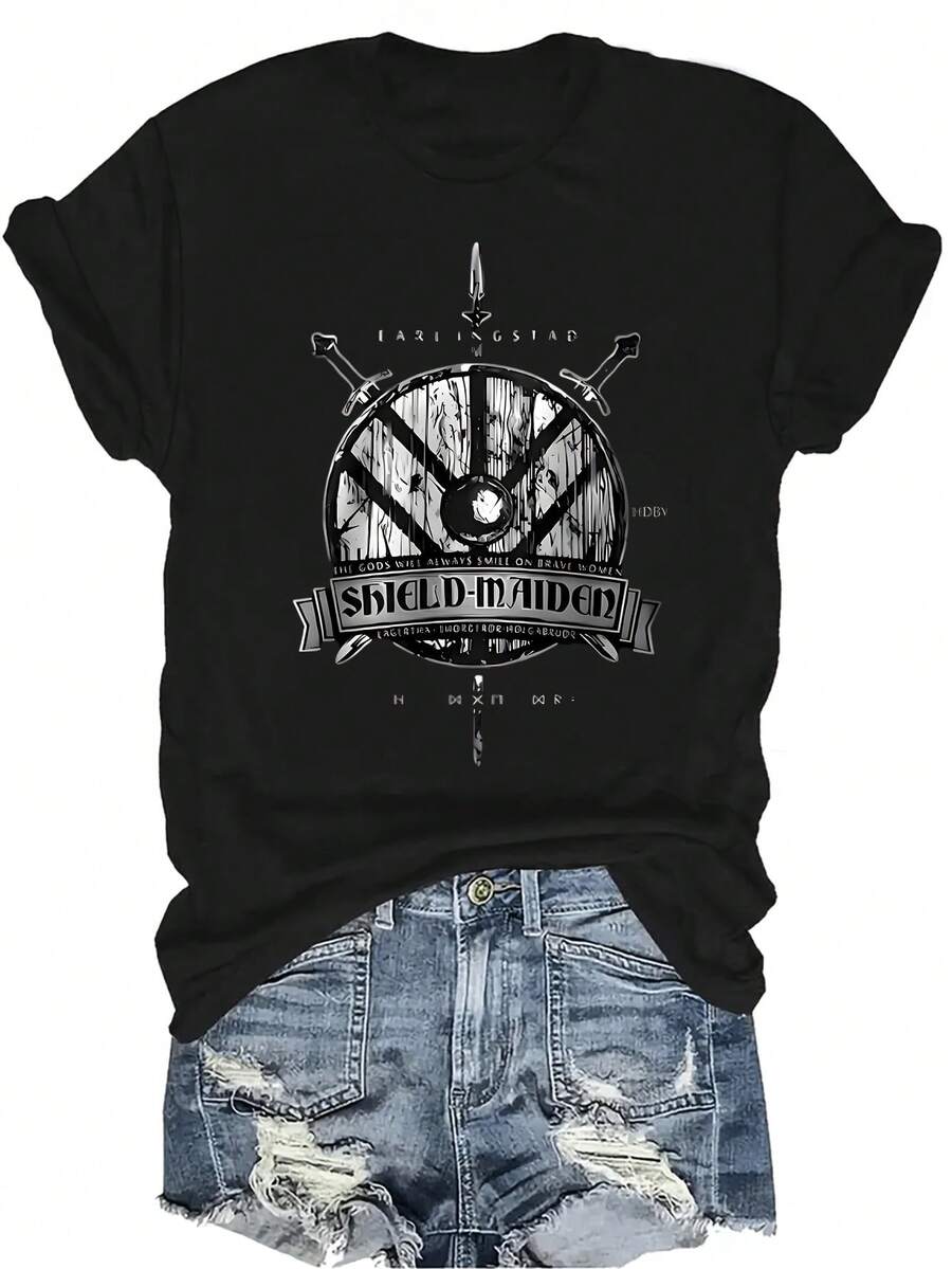 Camiseta de verano para hombre, estilo vikingo, unisex, casual, transpirable, con cuello redondo, manga corta, estampado de personalidad, ropa de calle versátil, adecuada para adolescentes y adultos - Negro - Ver 1
