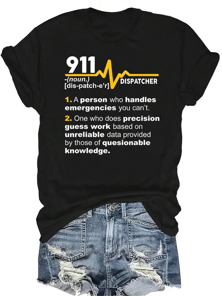 Camiseta de definición de despachador 911, maneja emergencias y despachos. Camiseta unisex de verano, casual, transpirable, de personalidad, de cuello redondo, de manga corta, ropa urbana, versátil, adecuada para adolescentes y adultos - Negro - Ver 1