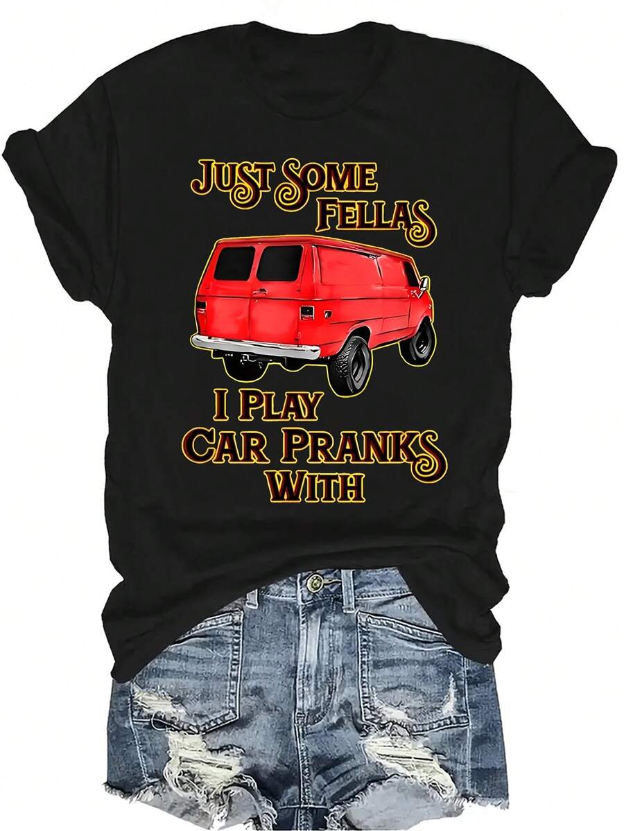 Camiseta de coche, unisex, de verano, casual, transpirable, con personalidad, cuello redondo, manga corta, ropa de calle, versátil, adecuada para adolescentes y adultos - Negro - Ver 1