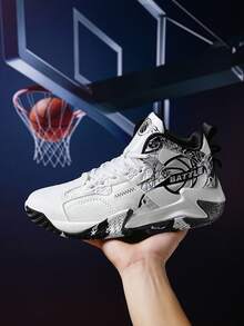 Men's All-Season Sports Shoes, Basketball Shoes, Wear-Resistant Shock-Absorbing Rebounding Non-Slip Asymmetrical Print Outsole, Breathable And Comfortable, Suitable For Outdoor Sports And Competitions, Size 39-48 Large Size Men's Shoes, Men's Sports Shoes, Running Shoes (Asymmetrical Print Pattern) - White and Black - View 4
