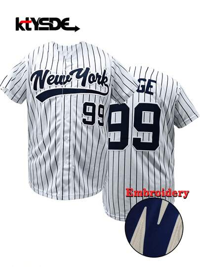 KTYSDE Men's #99 White Striped Baseball Jersey, New York Letter Embroidered Loose V-Neck Short Sleeved Button Cardigan Blokecore Sports Top