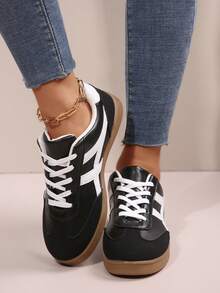 女士时尚新款春秋圆头户外休闲运动鞋，几何拼接条纹粉色运动鞋，舒适柔软休闲鞋，滑板鞋，白色运动鞋 - 黑色 - 查看 5