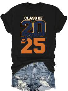 Camiseta retro de la clase de 2025 Unisex, casual de verano, transpirable, de personalidad, cuello redondo, manga corta, ropa de calle, versátil, adecuada para adolescentes y adultos - Negro - Ver 1