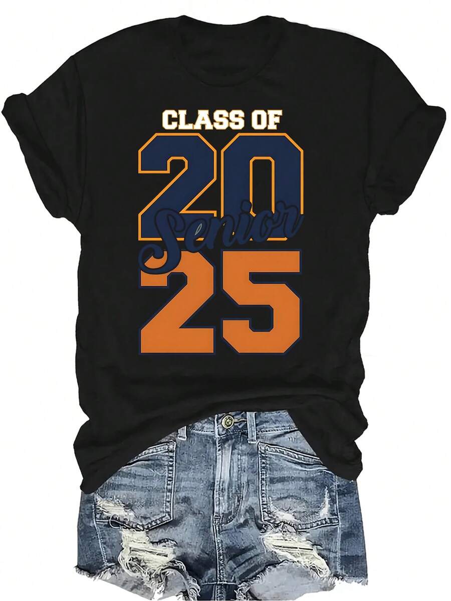 Camiseta retro de la clase de 2025 Unisex, casual de verano, transpirable, de personalidad, cuello redondo, manga corta, ropa de calle, versátil, adecuada para adolescentes y adultos - Negro - Ver 1