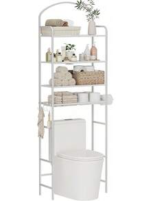 4-Tier Over The Toilet Storage, Bathroom Organizer, Space-Saving, Above Toilet Storage Rack With 4 Hooks And Paper Holder, Metal Shelf, White - White - View 1
