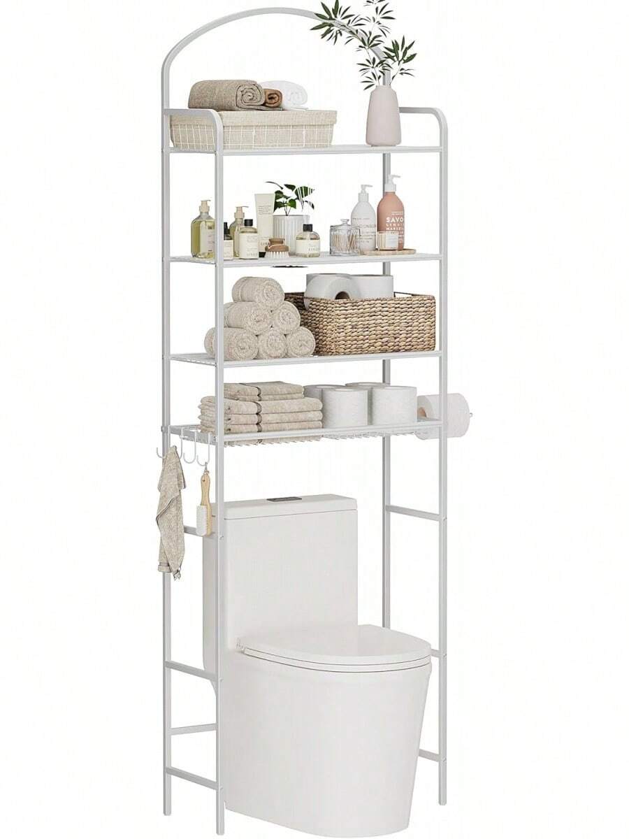 4-Tier Over The Toilet Storage, Bathroom Organizer, Space-Saving, Above Toilet Storage Rack With 4 Hooks And Paper Holder, Metal Shelf, White - White - View 1