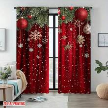 2 pezzi Tende natalizie con stampa piatta 2D di rami di pino e neve - Adatte per soggiorni, camere da letto, uffici, cucine, case vacanza, aggiungono stile e comfort (esclusi i pali) - Multicolore - Visualizzare 1