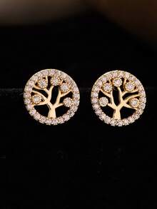 1 Pair Golden Metal Tree Of Life 5A Cubic Zirconia Hollow Elegant Earrings - Yellow Gold - View 5