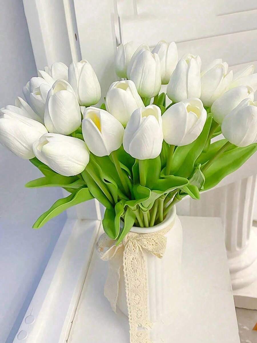 10 White Artificial Romantic Tulips. Suitable For Room Decoration, Wedding Arrangement And Festival Decoration. Suitable For Outdoor Garden Decoration, Indoor And Outdoor Decoration, Vase Decoration, Fake Plants, Four Seasons Decoration, Room Decoration, Home Flower Art, Indoor And Outdoor Garden Windowsill Porch Potted Plants