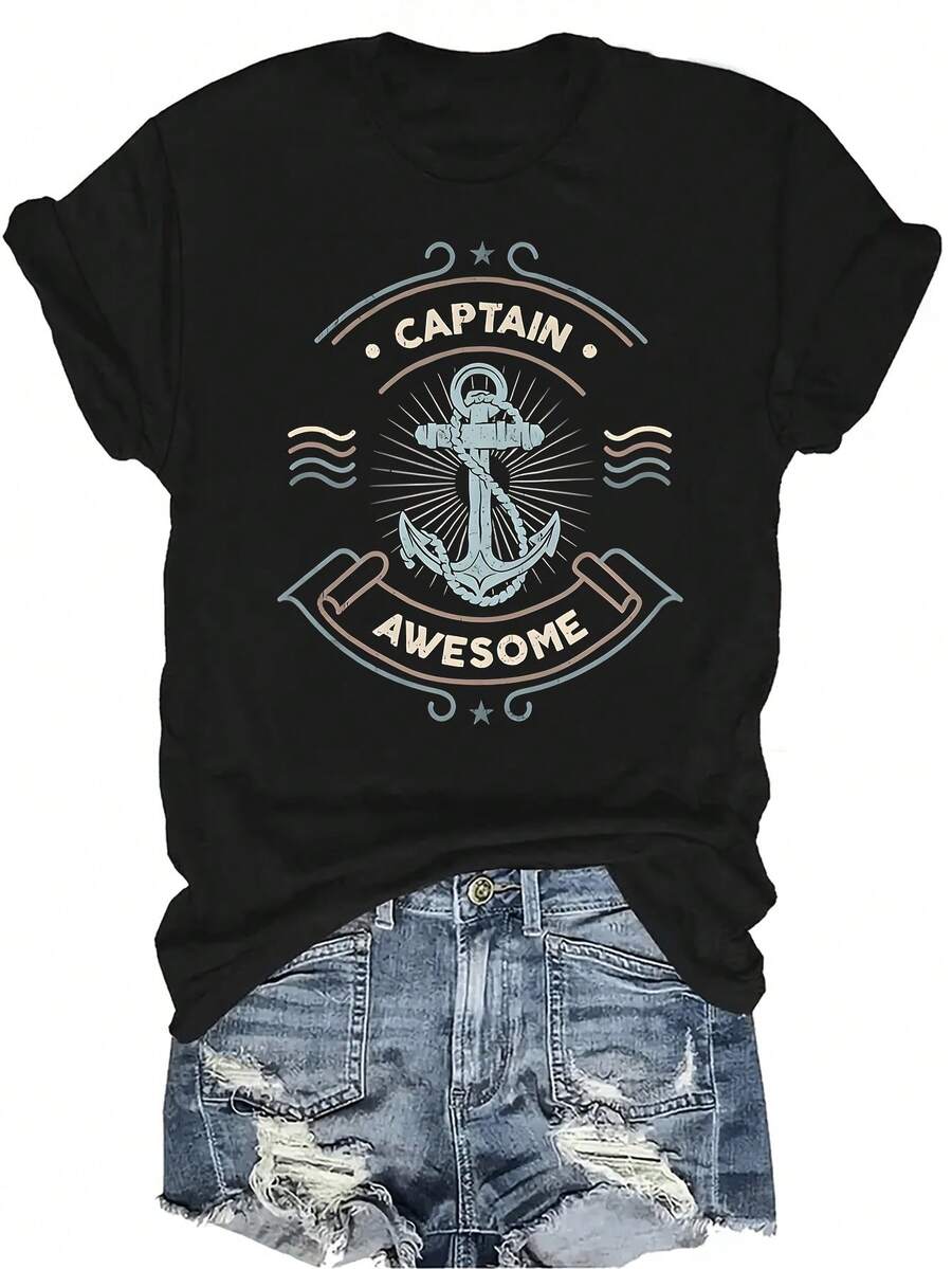 Camiseta de manga corta con cuello redondo, de estilo casual y transpirable, con el texto "Captain Awesome Sailing", adecuada para adolescentes y adultos - Negro - Ver 1