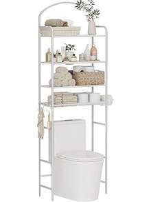 4-Tier Over The Toilet Storage, Bathroom Organizer, Space-Saving, Above Toilet Storage Rack With 4 Hooks And Paper Holder, Metal Shelf, White - White - View 3