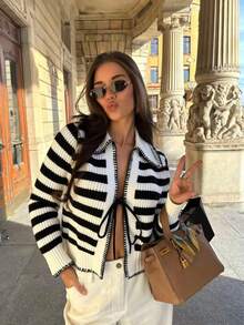 2025 Women's Autumn/Winter New Fashion Casual Loose Striped Knitted Cardigan With Contrast Binding Tie, Basic Tops, Back To School Clothes, Christmas Clothes, Date Night Outfits For Women, Off-The-Shoulder Sweater, Korean Style, Fall Women's Clothes, Modest Women, Party Women, Y2K Women, Tops For Going Out, Concert Women, Date Night Women, New Year, Women's Winter Clothes, Saudi National Day, Chic, Country