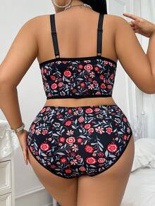 Plus Size Printed Lingerie Set, Adjustable Straps, Seamless, Suitable For Daily Wear In Various Occasions - Black - View 2