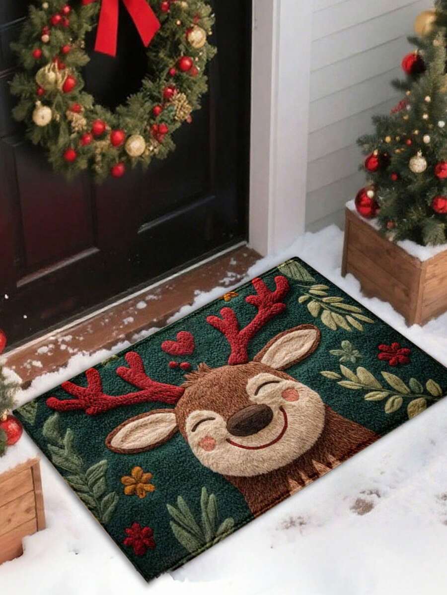 1 Peça Tapete de Banheiro de Microfibra com Desenho de Cervo de Natal - Seca Rapidamente e Absorve Bem a Água, com um Padrão Festivo de Bagas Vermelhas e Folhas Verdes. Perfeito para Decoração de Cozinha e Banheiro. Lavável em Máquina. Decoração de Banheiro de Natal.