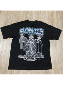 Homies Graphic Tee XL Men Chicano Culture Cotton T-Shirt Black Cartoon Print Casual Bohemian Style All-Season Wear Hand Wash Only Men Size S-3XL - 黑色 - 查看 2