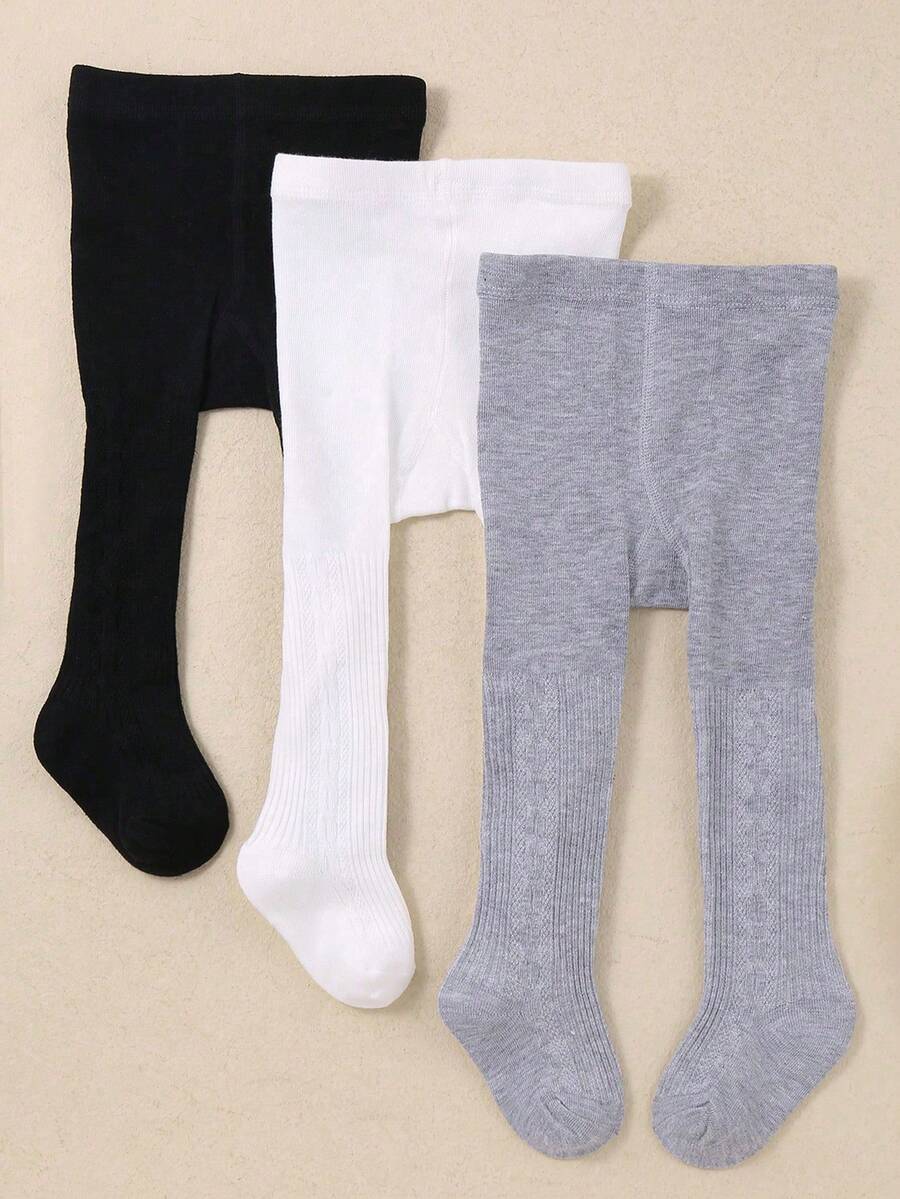 3雙隨機黑白灰女嬰緊身褲,嬰兒必備保暖粗針編織褲襪,新生兒白色長襪日常緊身褲,柔軟舒適,適合秋冬休閒穿著 - 彩色 - 查看 1