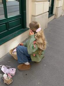 Senya 女士 V 领长袖手工钩织 3D 立体花卉单扣针织开衫，宽松休闲简约，适合日常穿着、浪漫约会、假期、毕业典礼、返校季、情人节等场合。 - 綠色 - 查看 4