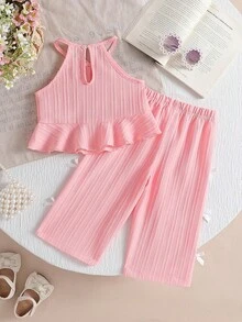 2pcs Baby Girls' Solid Color Spaghetti Strap Camisole Top With 3D Bow Decor & Ruffle Hem, Straight Leg Pants Set, Pink, Valentine's Day/Birthday Gift, Spring/Summer - Pink - View 3