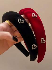 1pc Women's Black Velvet Wide Headband With Heart Rhinestone Decor, Elegant & Sweet Fashion For School, Party, Dance, Daily Wear