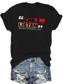 Camiseta corta de escucha de Chile, unisex, de verano, casual, transpirable, con personalidad, de cuello redondo, de manga corta, ropa de calle, versátil, adecuada para adolescentes y adultos - Negro - Ver 1