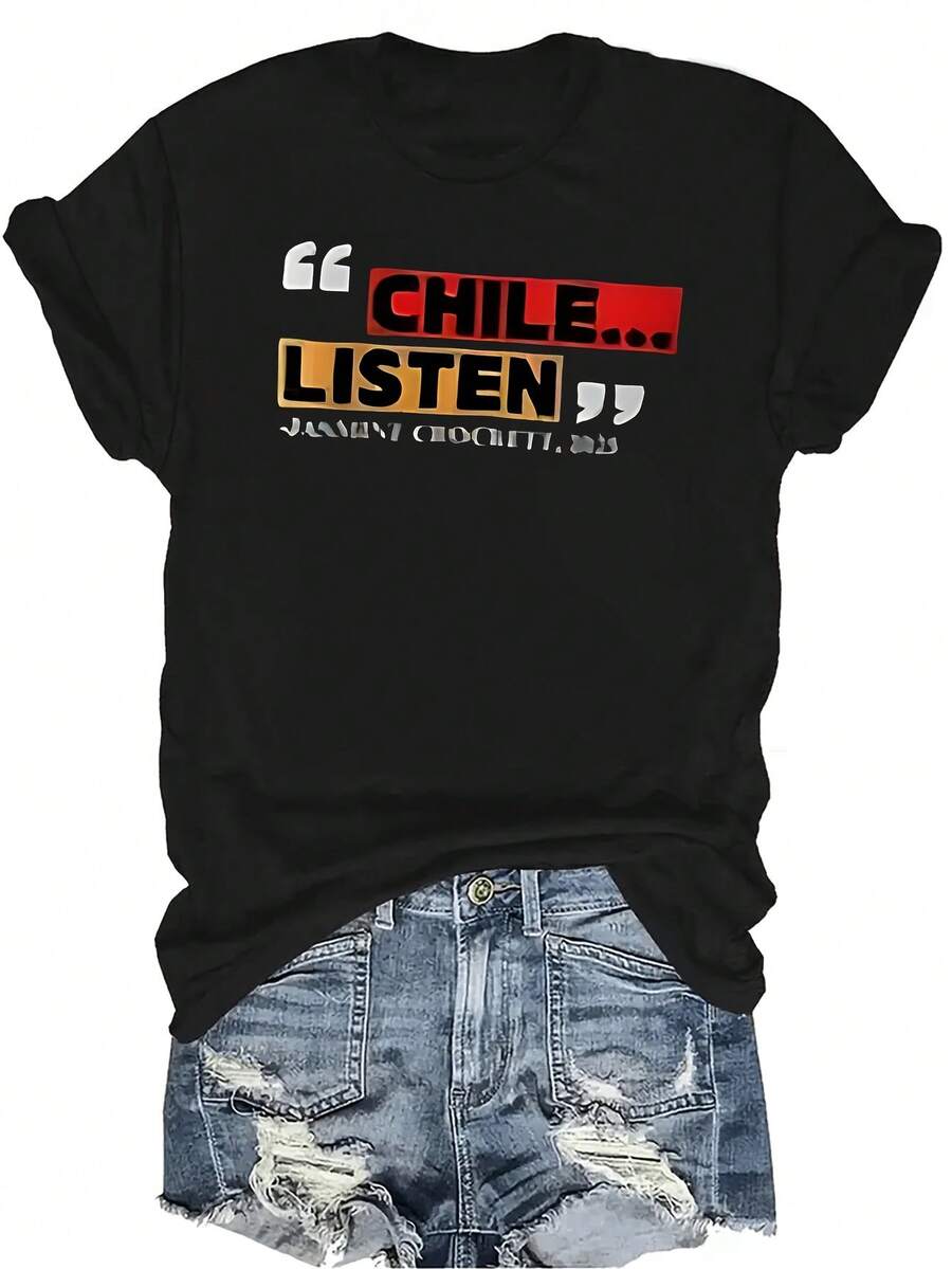 Camiseta corta de escucha de Chile, unisex, de verano, casual, transpirable, con personalidad, de cuello redondo, de manga corta, ropa de calle, versátil, adecuada para adolescentes y adultos - Negro - Ver 1