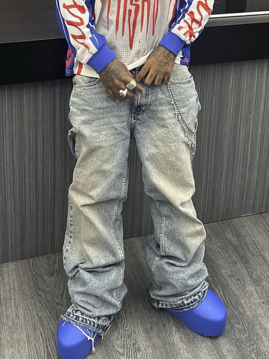 Calça Jeans Masculina Reta Solta com Barra Desfiada, Perna Larga, Streetwear Casual Y2K, Lavagem Vintage Desgastada, Todas as Estações