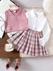 3pcs/Set Girls Cute Academic Style Pullover Vest, Solid Color Shirt, Pleated Mini Skirt Outfit, Spring/Autumn - Dusty Pink - View 3