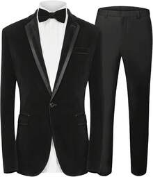 2026 Men's Casual Blazer & Pant Set  Men's 2 Piece Velvet Suit Peak Lapel One Button Slim Fit Tuxedo Blazer Party Dinner Jacket & Pants Relaxed Stretch Fit For Smart Casual Events - 黑色拼接翻領 - 查看 1