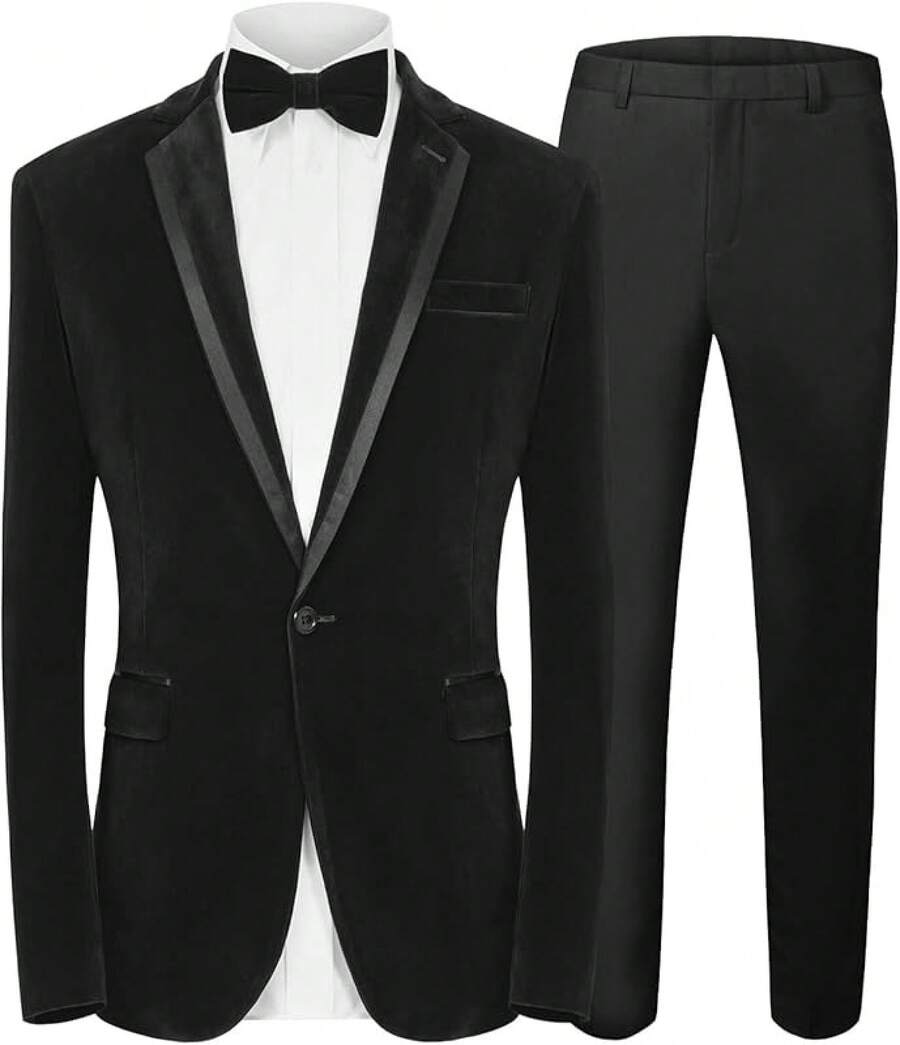2026 Men's Casual Blazer & Pant Set Men's 2 Piece Velvet Suit Peak Lapel One Button Slim Fit Tuxedo Blazer Party Dinner Jacket & Pants Relaxed Stretch Fit For Smart Casual Events - 黑色拼接翻領 - 查看 1